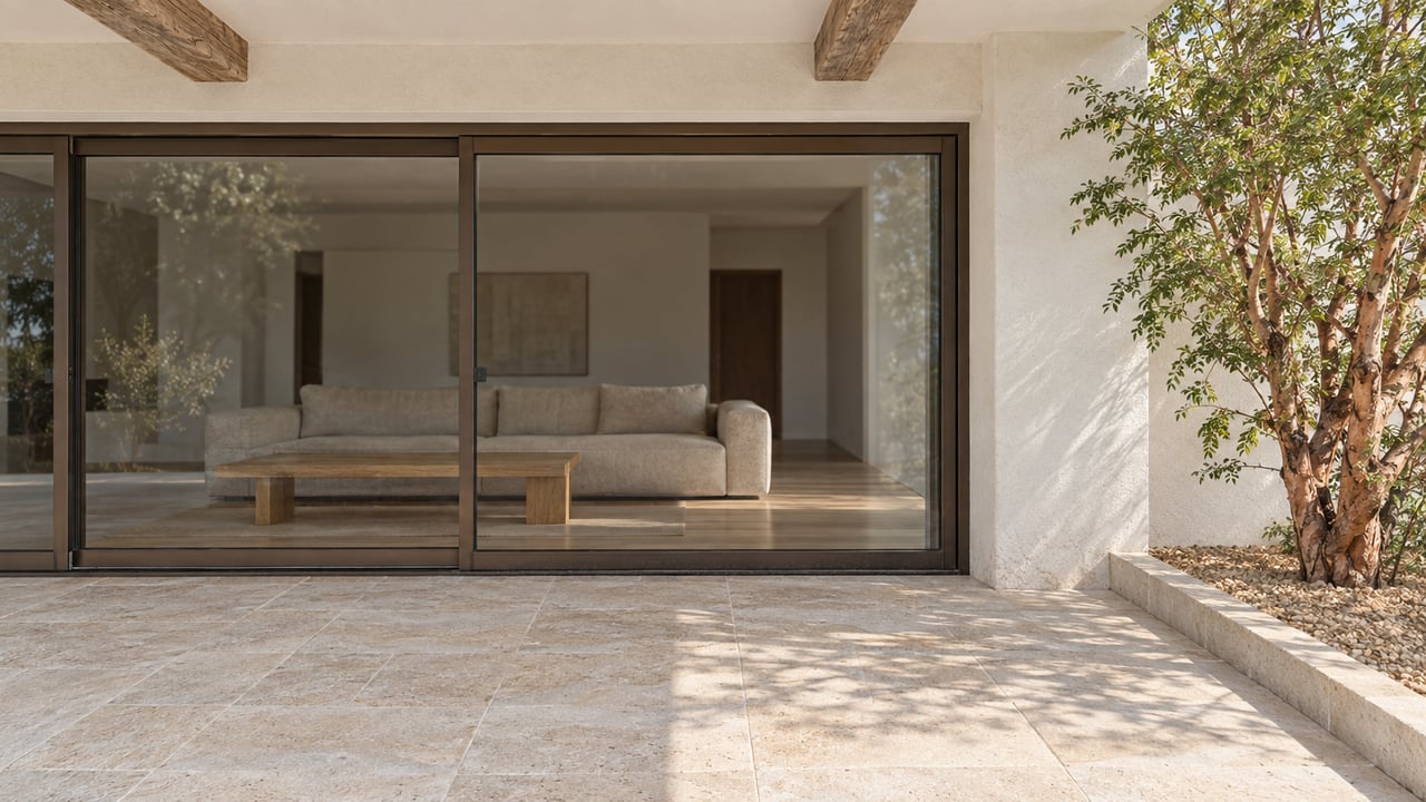 Sunlit limestone terrace outside a contemporary white-stucco home, with bronze-framed glass doors, exposed timber beams and a sculptural elephant tree.