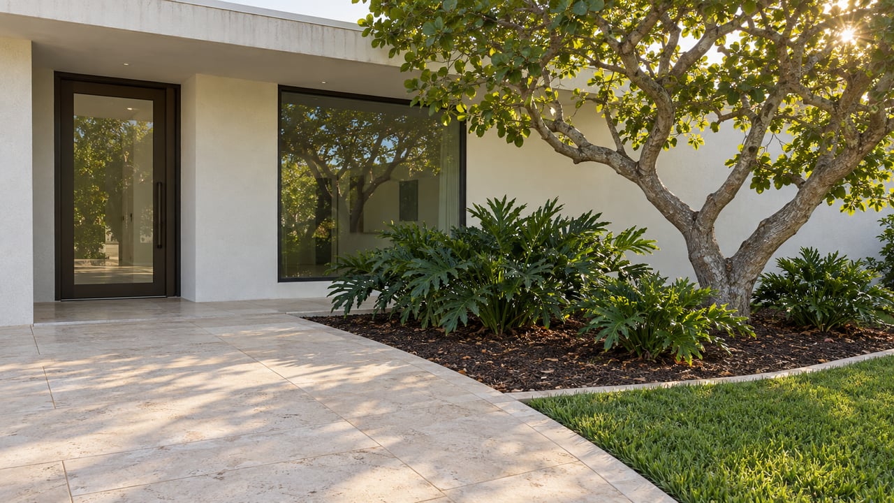 White stucco home's recessed glazed entry beside a limestone approach and a mature spreading tree in a planted garden.
