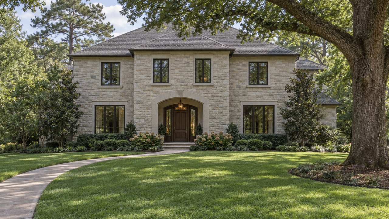 Two-story limestone home with dark framed windows and an arched entrance, set beyond a deep lawn beneath mature oak and pine trees.