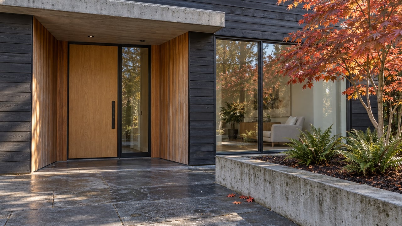 Contemporary home's cedar-lined entrance and basalt landing beside a concrete planter with an autumn vine maple and sword ferns.