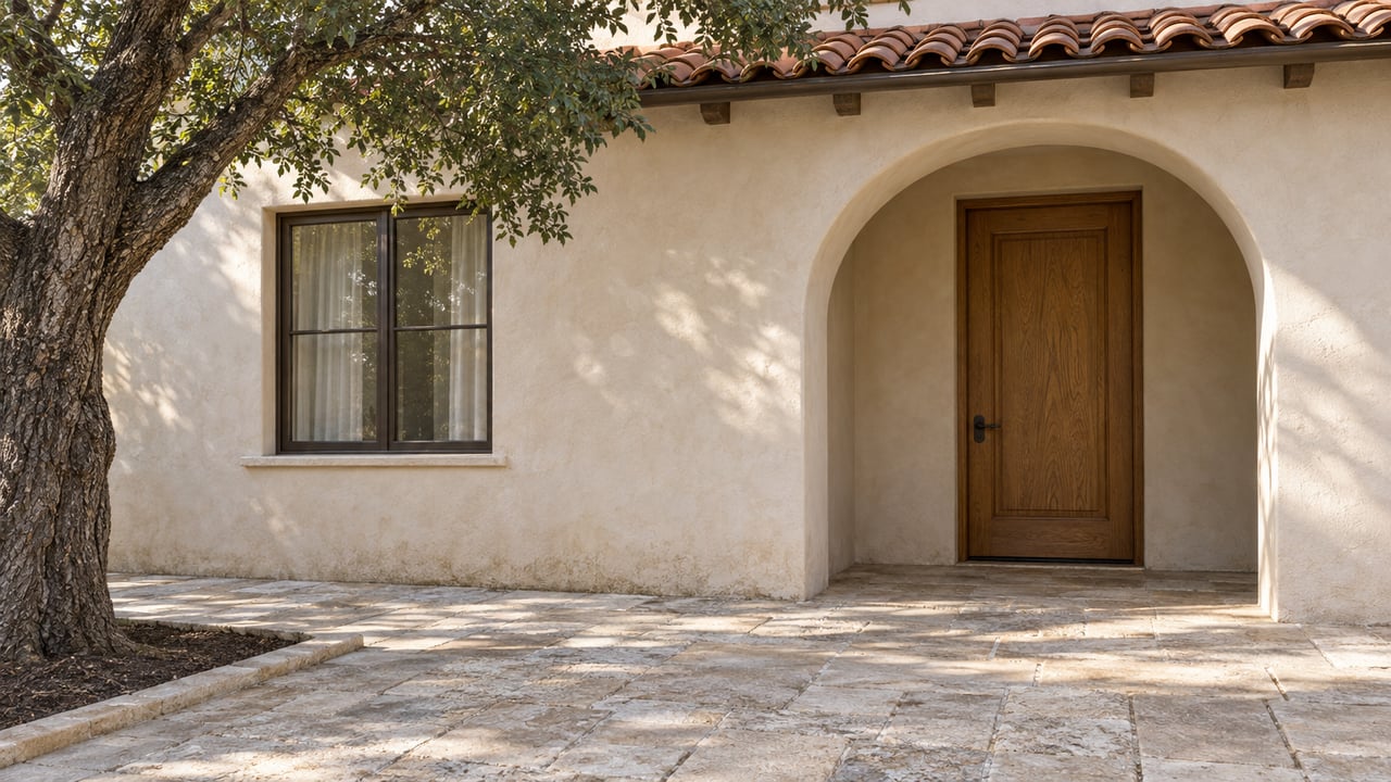 Sunlit stucco courtyard entrance with an arched wooden door, terracotta roof tiles, limestone paving and a mature live oak.