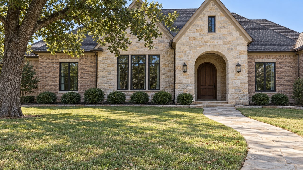 A pale limestone and warm brick home with steep dark roofs stands beyond a deep lawn, framed by a mature bur oak.