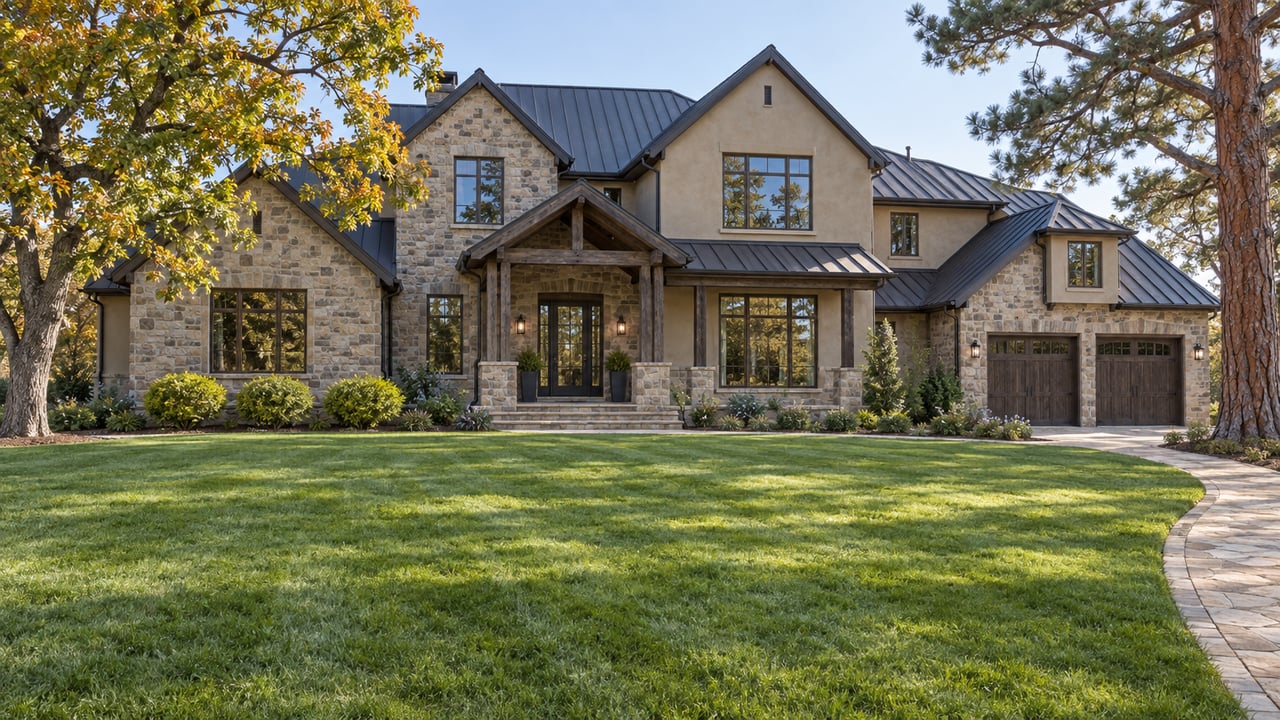 Stone-and-stucco home with a dark metal roof, two-car garage, and broad landscaped lawn.