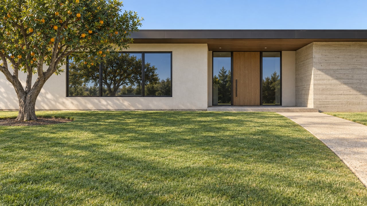 A low contemporary home with ivory stucco, a recessed oak entry, broad glazing, a deep green lawn and one mature orange tree.