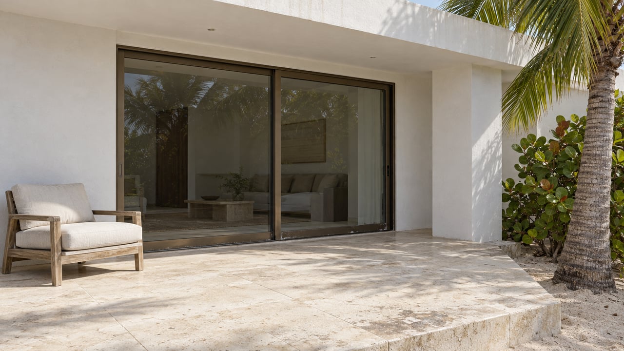White coastal home with a shaded limestone terrace, closed glass doors, a teak lounge chair and a coconut palm beside a sea grape shrub.