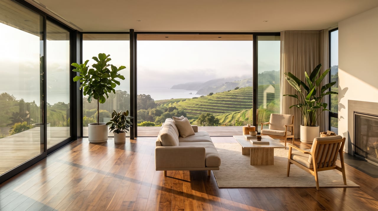 Modern living room with expansive ocean views, a sofa, and wood floors.