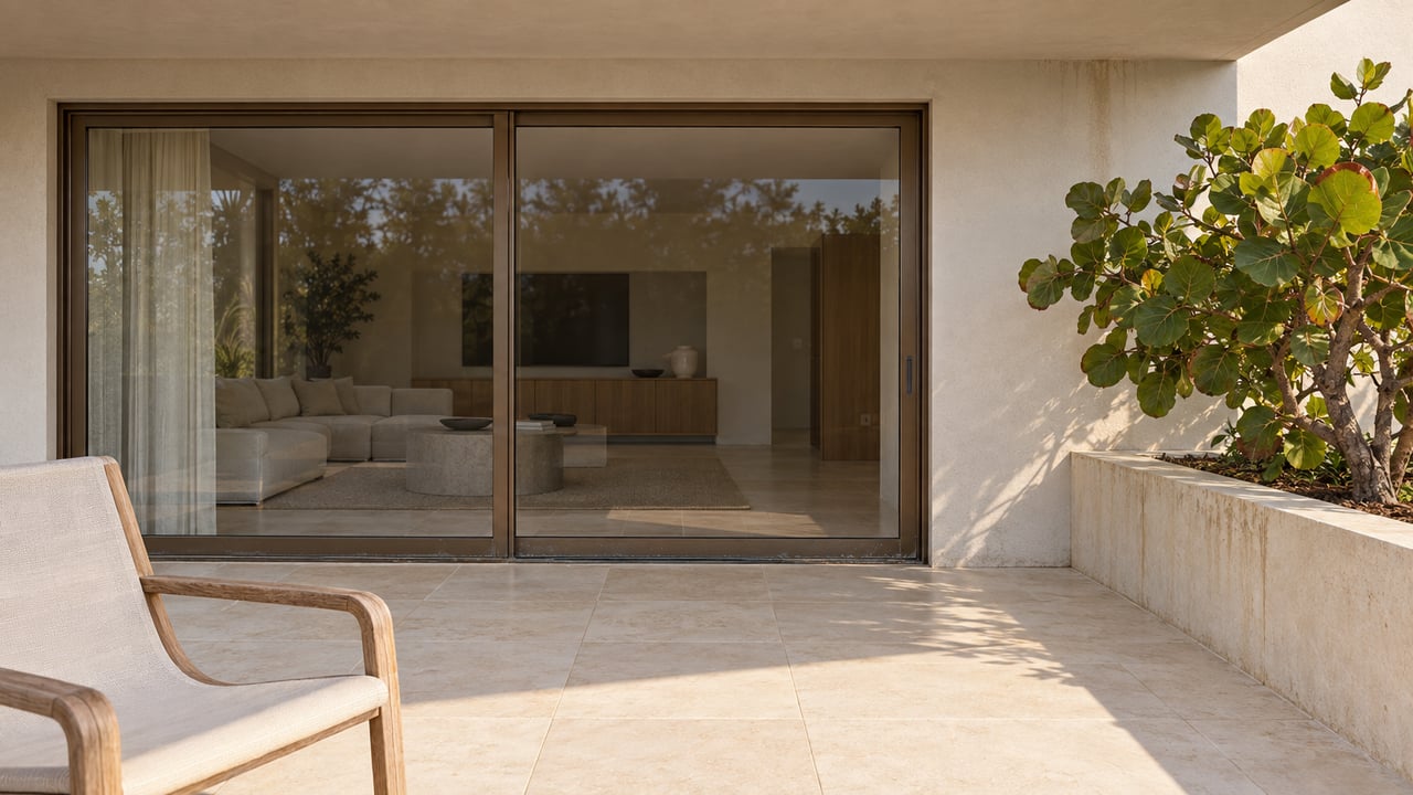 Sunlit limestone terrace with a teak chair, closed bronze-framed glass doors and a sea-grape tree in a raised stone planter.