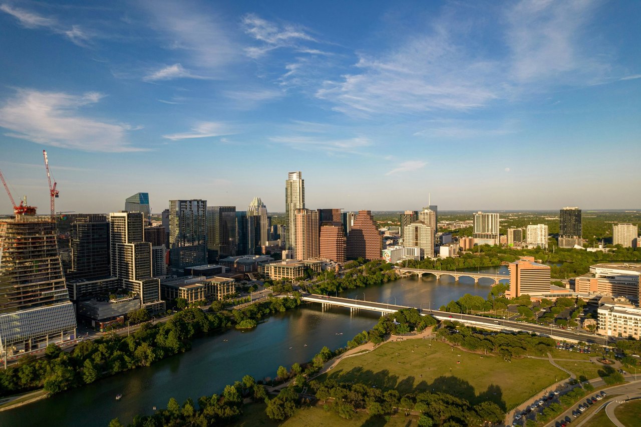 Downtown Austin skyline and bridges along the Colorado River.
