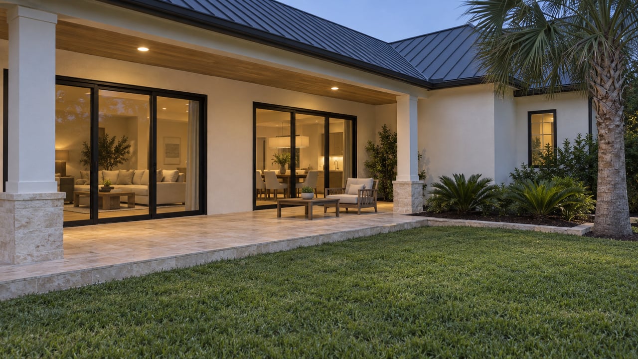 Modern home at dusk with a covered patio, glass doors, palm tree, and manicured lawn.