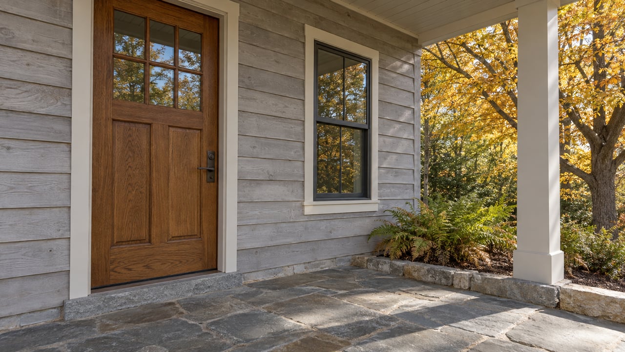 Sunlit cedar-clad home entrance with an oak door, bluestone porch and copper-yellow maple leaves.