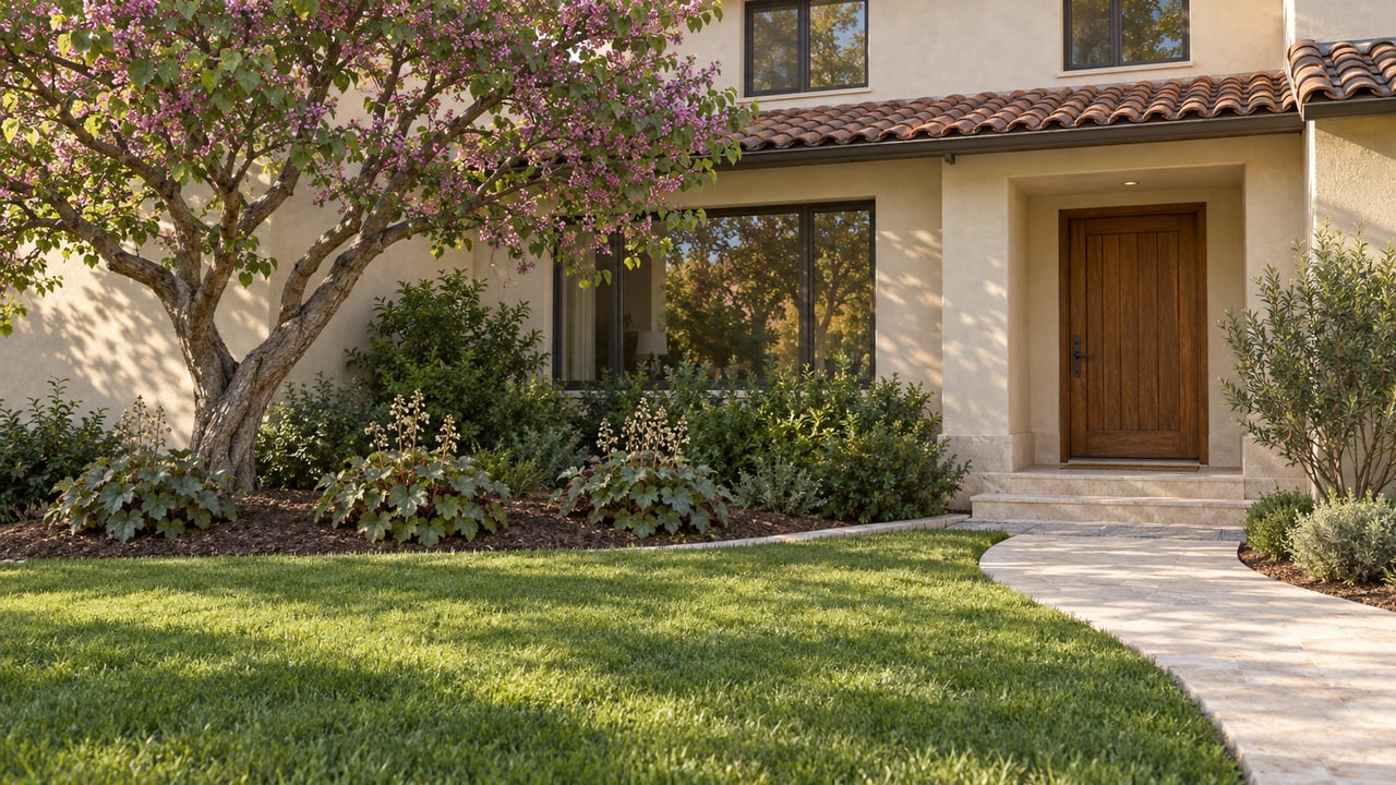 Cream stucco home with a wooden front door, flowering tree, landscaped garden, and stone walkway.
