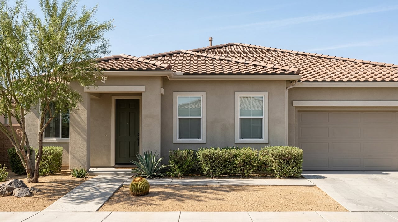 Modern stucco home with a terracotta tile roof, covered entry, attached garage, and desert landscaping.