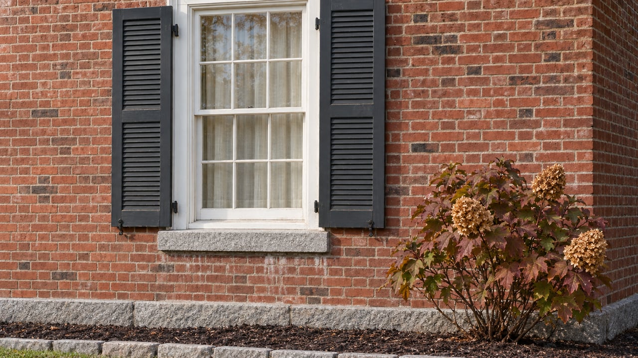 A white-trimmed sash window with charcoal shutters in weathered red brick, above a granite base and an oakleaf hydrangea with russet autumn leaves.