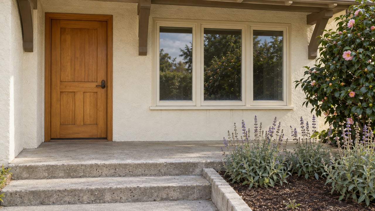Home entrance with a paneled wooden door, concrete steps, and flowering plants beside the windows.
