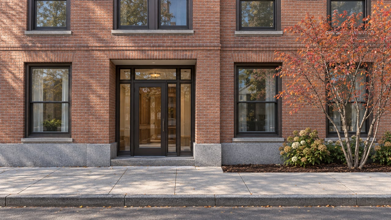 Three-story red-brown brick residence with bronze-framed windows, a recessed glass entry, and a small autumn tree.