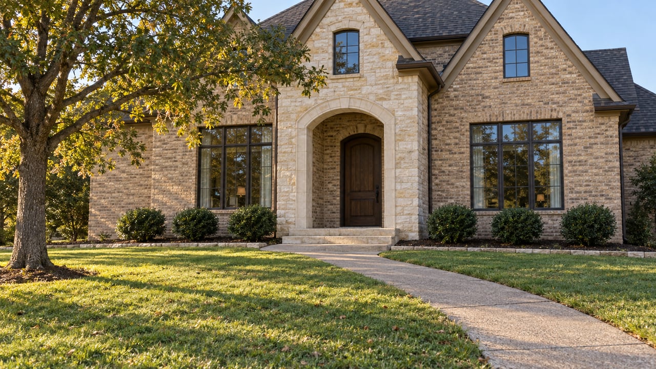 A brick and pale limestone home with steep gables, an arched entry, a broad lawn and a mature oak in warm afternoon light.