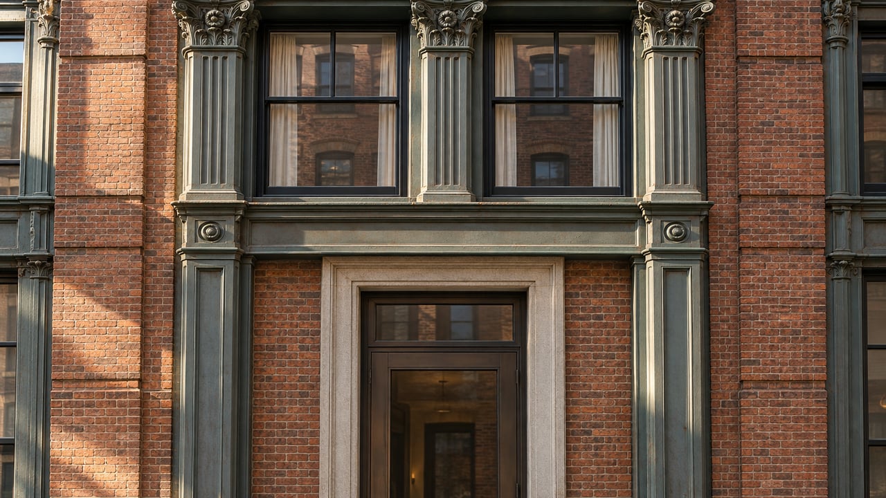 Gray-green cast-iron loft facade with tall windows above a recessed bronze residential door and worn limestone step.