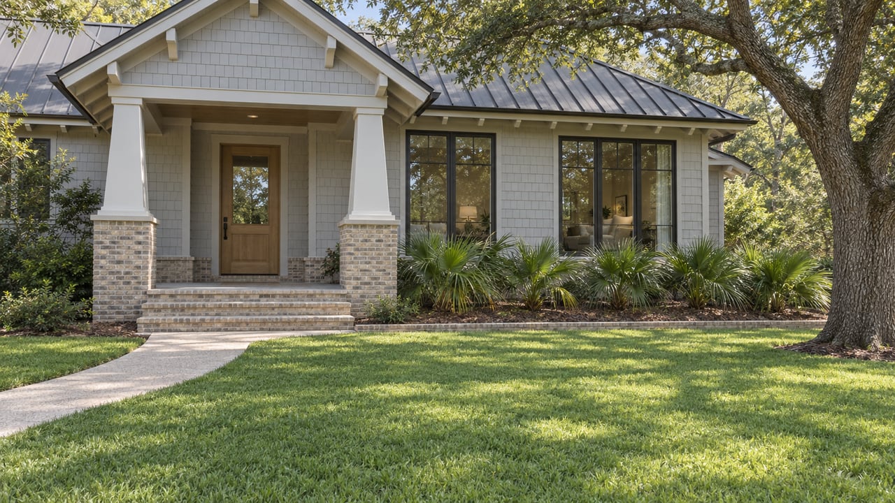 A pale gray shingle home with a metal gable roof, brick porch steps and bronze-framed windows, viewed across a deep lawn beneath a mature live oak.