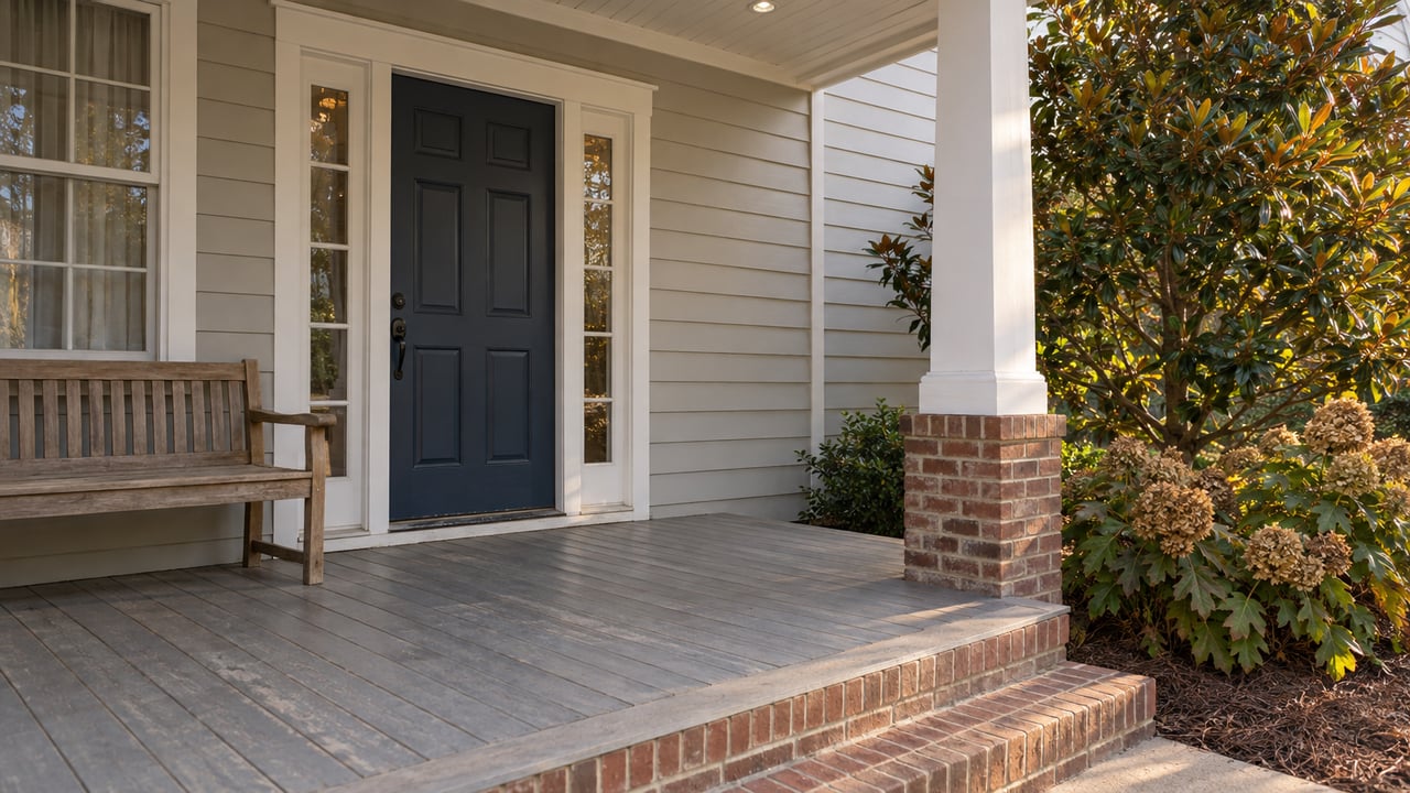 Covered porch with a navy front door, paired sidelights, weathered painted floorboards and brick steps beside magnolia and oakleaf hydrangeas.