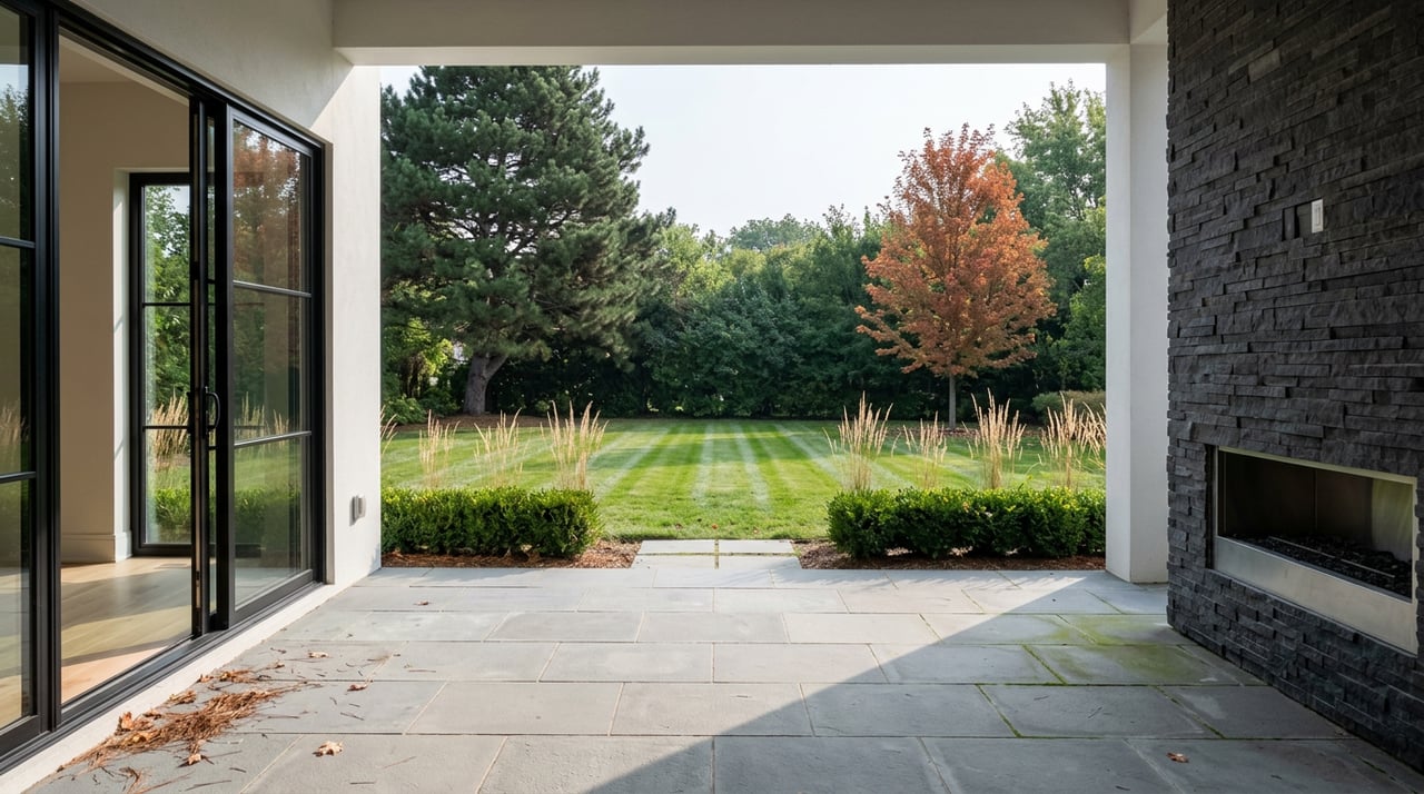 Stone patio with open black-framed glass doors, a stone fireplace, striped lawn, pine, and orange-red maple.