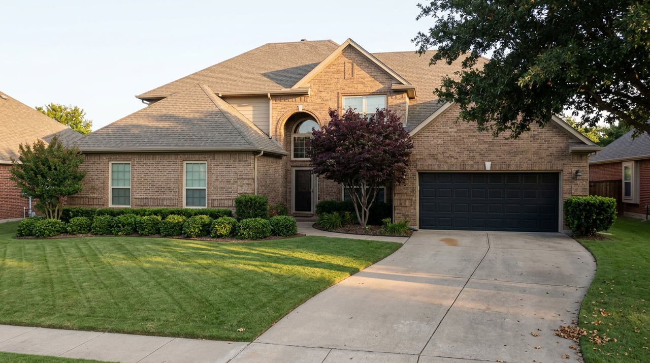 Two-story brick home with an arched entry window, angled double garage, curved driveway, and deep green lawn.