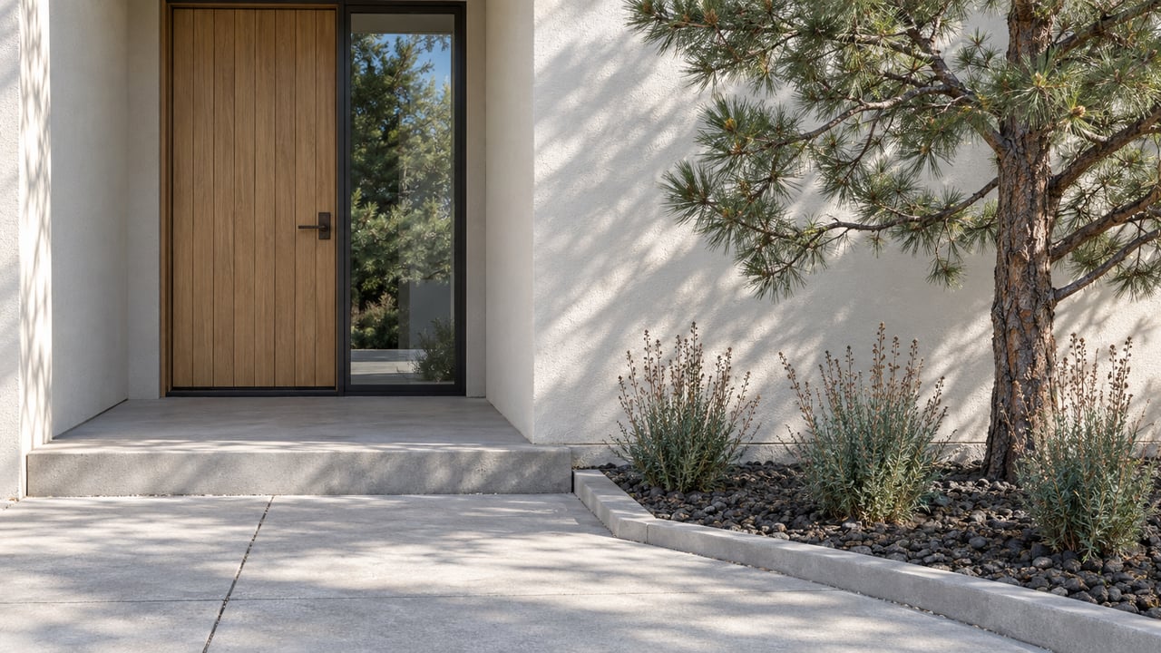 Sunlit oak entry door and glazed sidelight beside off-white stucco, a concrete approach and a sculptural pine in a basalt-mulched bed.