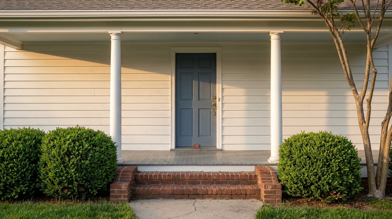 Slate-blue paneled front door framed by white porch columns, pale blue beadboard ceiling, and worn brick steps.