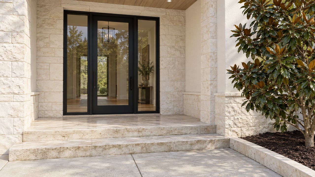 Cream limestone home entrance with a black-framed glass door, matching sidelights, shallow stone steps and a glossy-leaved magnolia.
