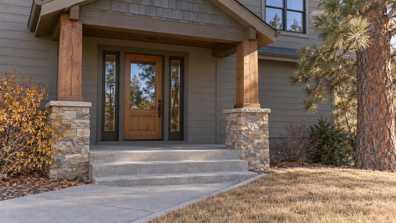 Autumn morning light across a timber-and-stone covered entry, concrete steps and dormant lawn.