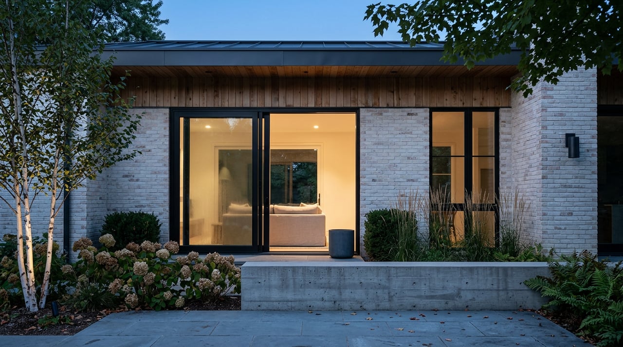 Limewashed-brick terrace with a glowing sliding door, concrete seat wall, and silhouetted leaves beneath a blue twilight sky.
