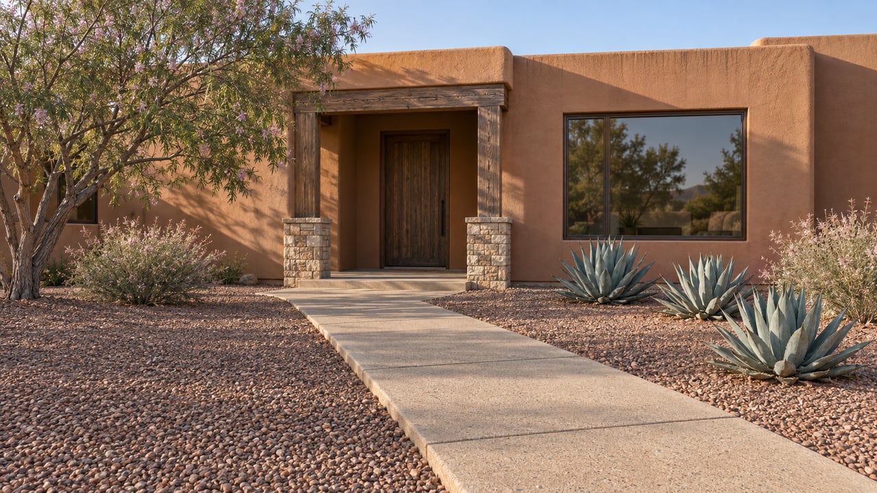 Clay-colored stucco home with a timber-covered entry, broad concrete walk, desert willow and widely spaced agaves in a gravel garden.