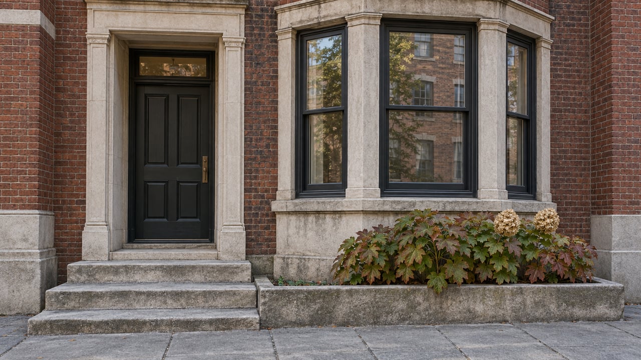 Brick townhouse entrance with a dark paneled door, limestone steps and a projecting bay window beside bronze oakleaf hydrangea leaves.