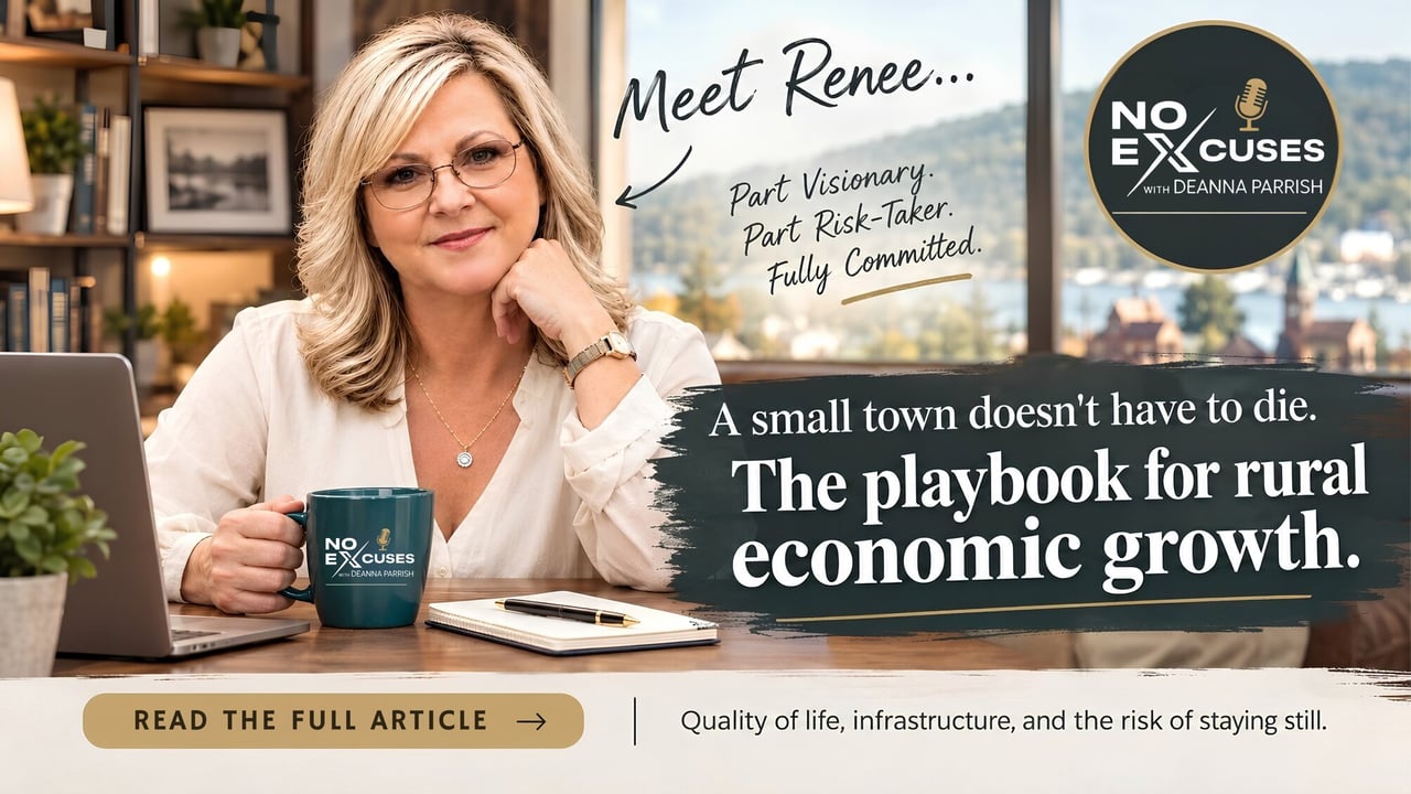 Promotional graphic featuring Renee at a desk and text about rural economic growth.
