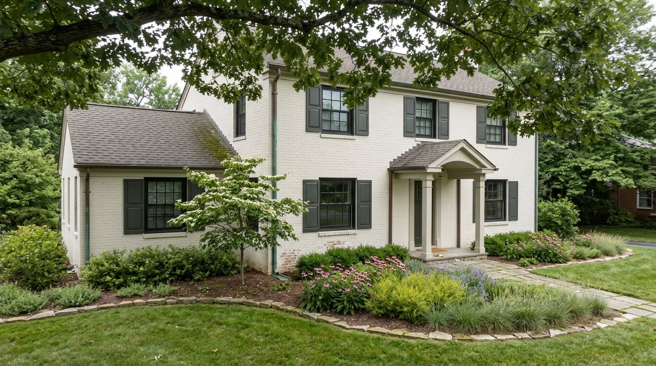 Off-white brick colonial beneath a mature oak, with a curved native flower bed and small gabled entry.