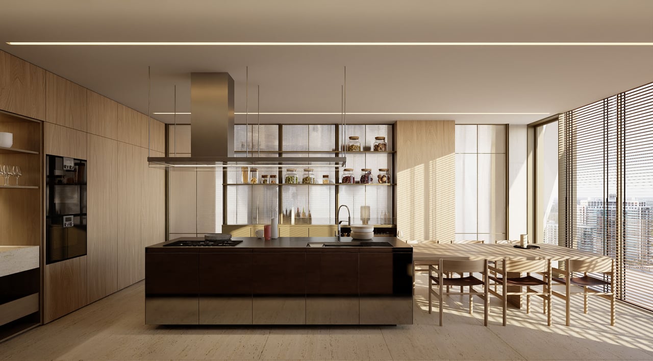 Modern kitchen with a dark island, wood cabinetry, dining table, and floor-to-ceiling windows.