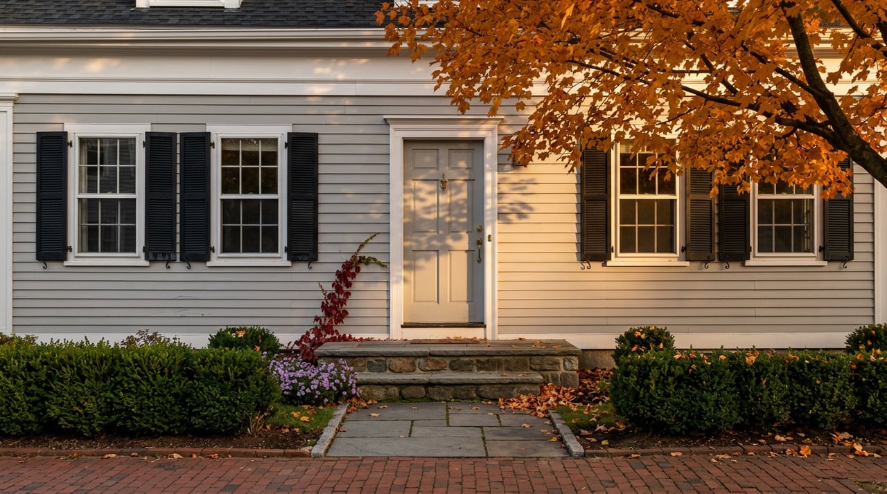 Historic grey clapboard home with a paneled door, fieldstone steps, and an amber maple canopy.