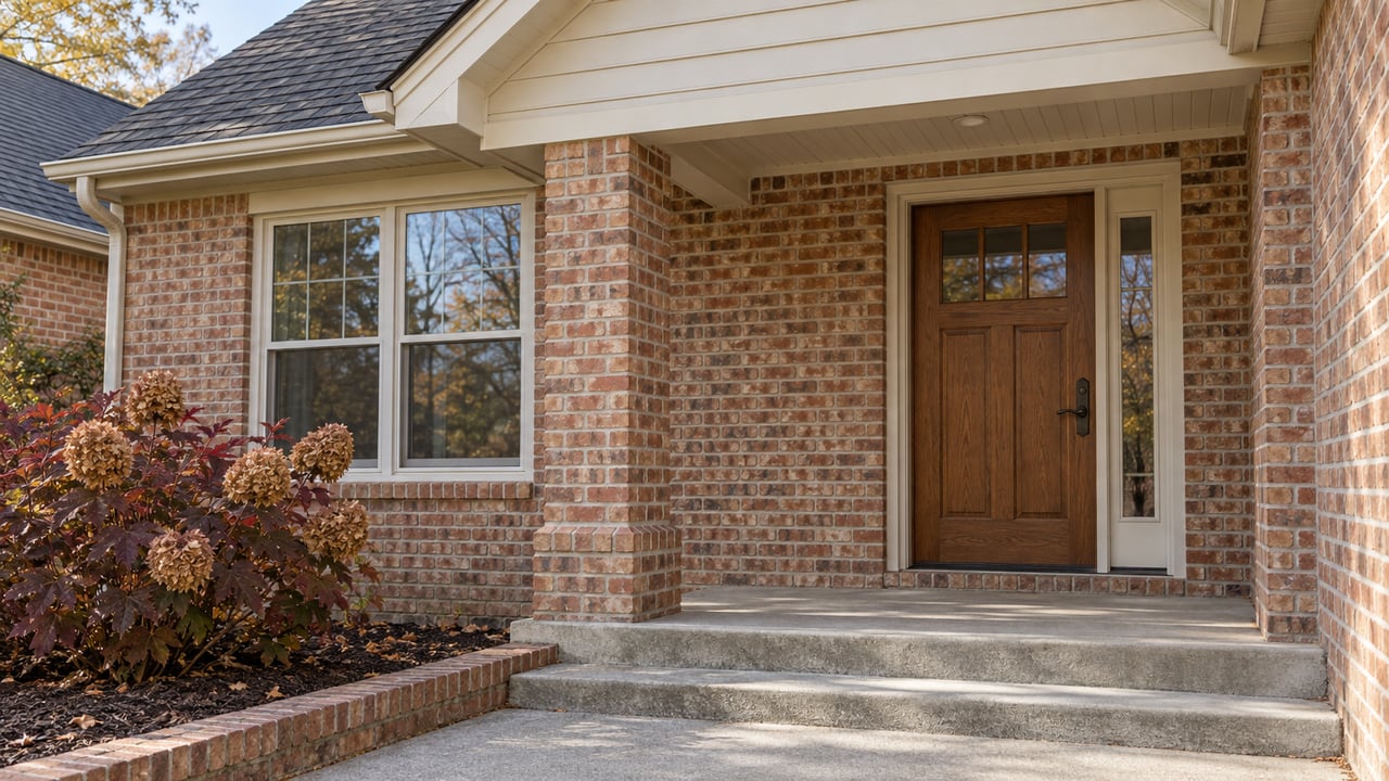 Late-autumn light falls across a brick porch, cream siding, an oak front door and burgundy oakleaf hydrangea.