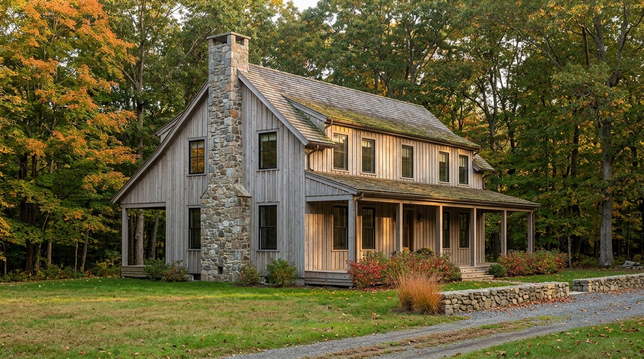 Two-story cedar retreat with a stone chimney and broad porch beneath an amber autumn canopy.