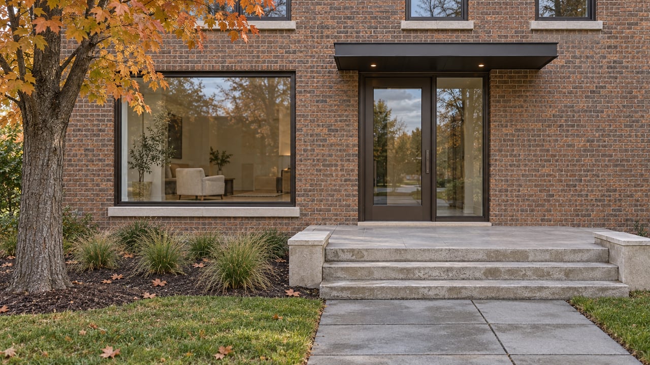 Autumn light on a brick residence with bronze-framed windows, a glazed entry, limestone steps and an amber-leaved sugar maple.