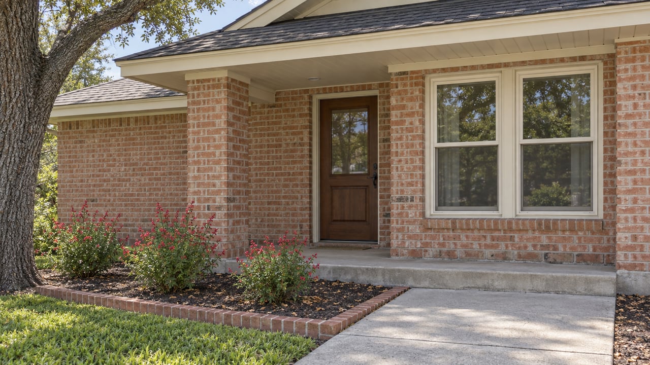 Low view of a sunlit brick home's shaded porch, wood entry door, paired windows and red-flowering sage beside a concrete walk.