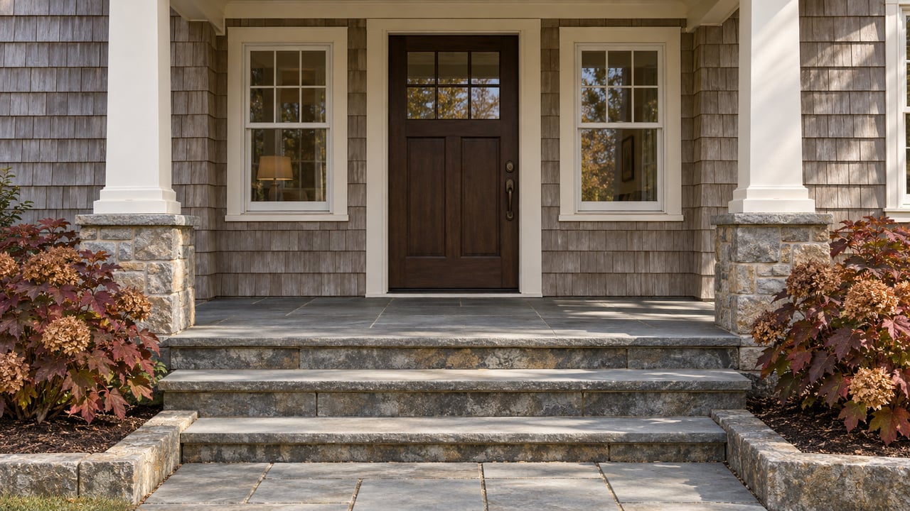 Covered shingle-house entry with ivory columns, a glazed oak door, divided-light windows and worn bluestone steps beside autumn oakleaf hydrangeas.