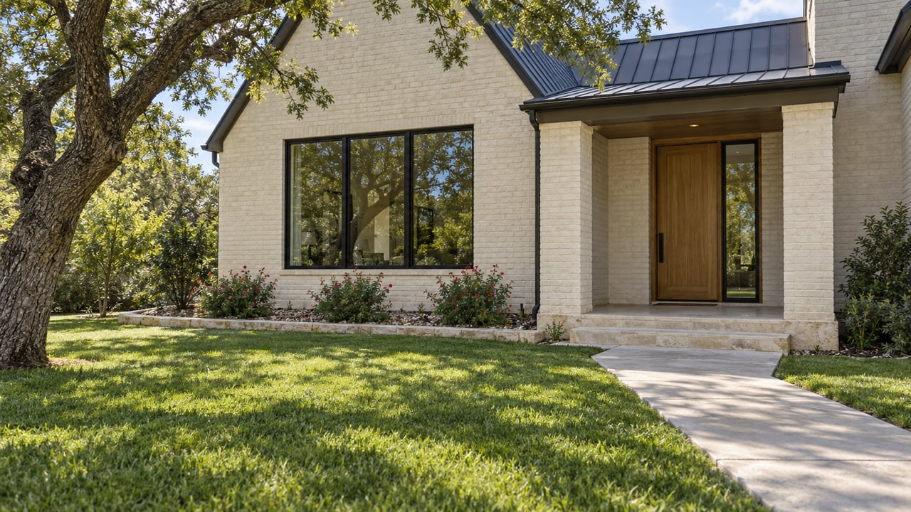 Cream painted-brick home with a charcoal metal gable, oak entry door, limestone porch, and a broad front lawn beneath a mature live oak.