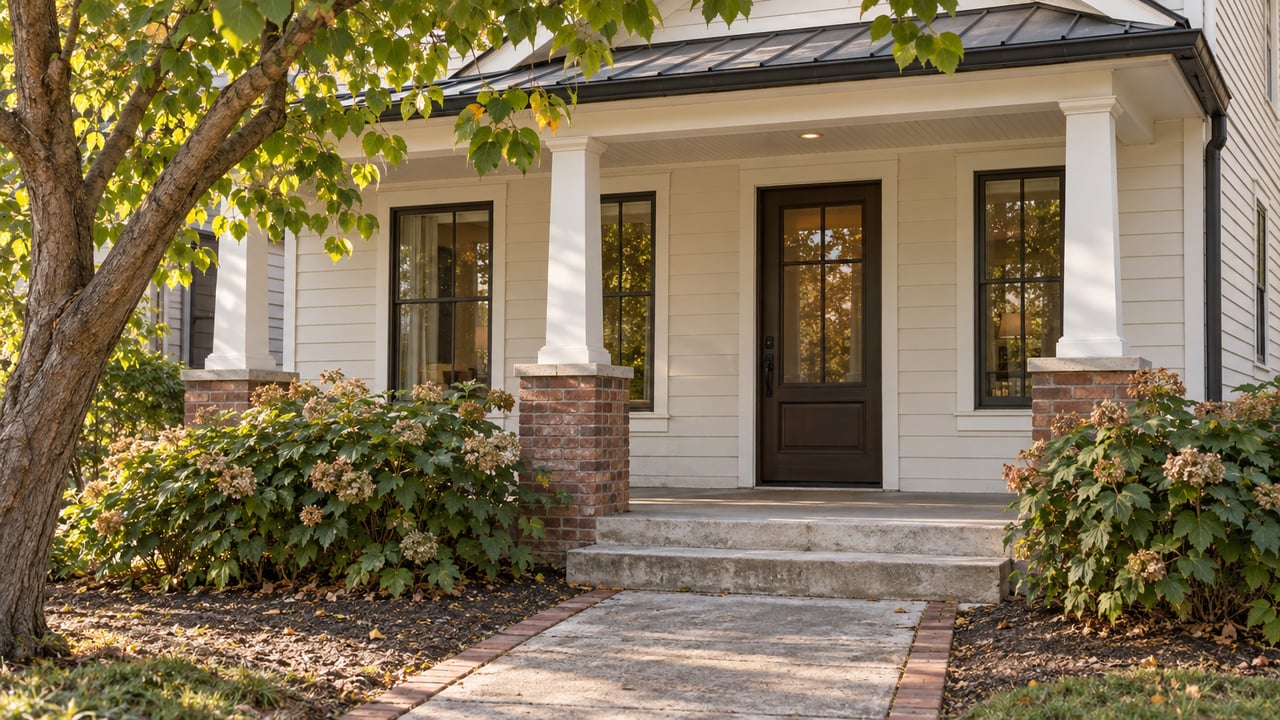 Off-white home porch with a dark glazed door, brick post bases, worn concrete walk, and leafy tree.