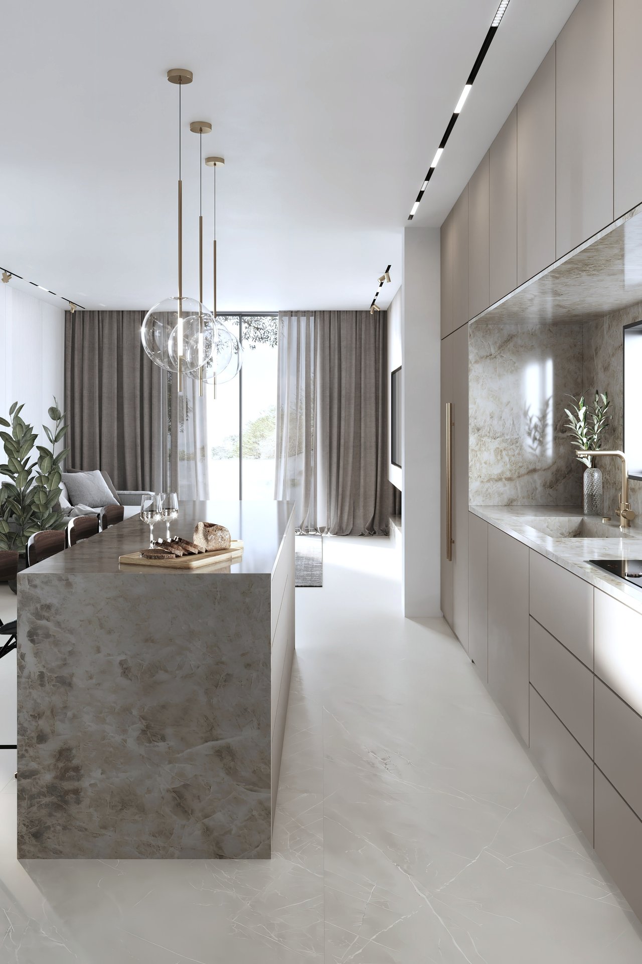 Contemporary kitchen with a marble island, taupe cabinets, and globe pendant lights.