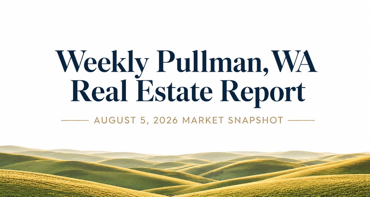 Professional blog header for Jordan Vorderbrueggen's August 5, 2026 weekly Pullman, WA real estate market report featuring rolling Palouse hills and current housing market activity.