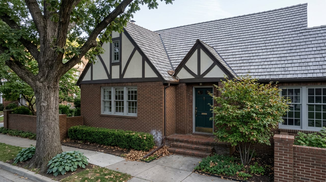 Historic home with rust-brown brick, pale stucco half-timbered gables, and an oak-shaded garden.