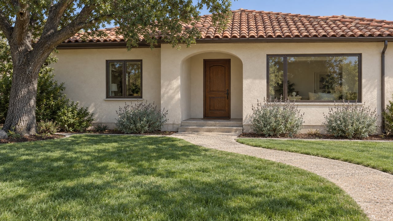 Sunlit stucco home with a clay-tile roof, recessed arched entrance, broad front lawn and mature oak.
