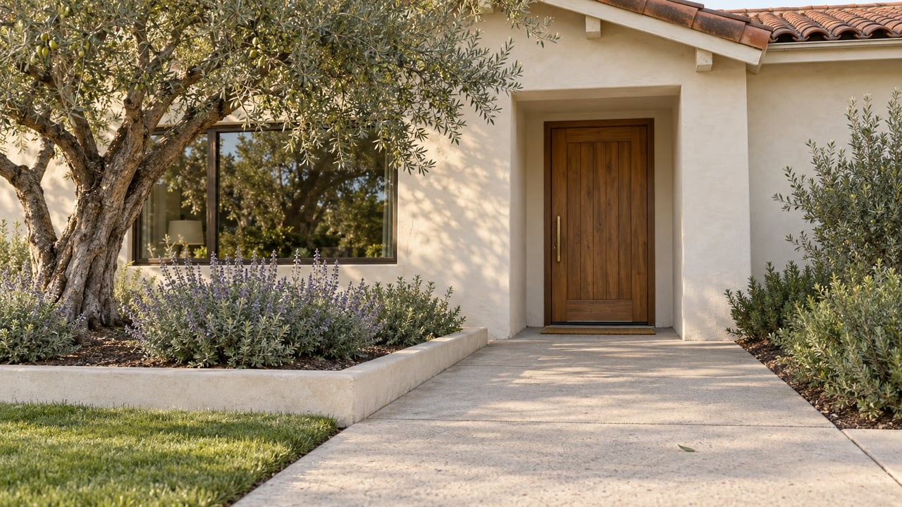 Cream stucco house with a recessed timber door, bronze-framed window, olive tree, and broad concrete approach.