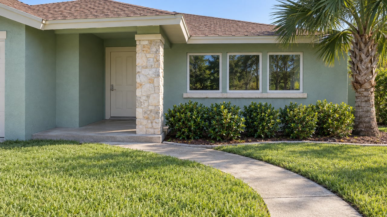 Sunlit seafoam single-story home with a curved concrete approach, limestone porch column, broad lawn, and a sculptural palm.