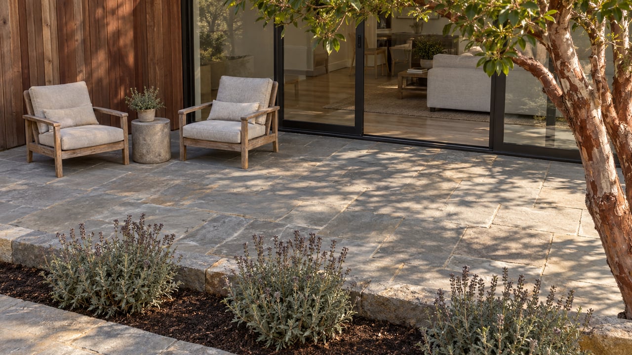 Redwood-and-glass home opening onto a bluestone terrace with two teak chairs and a sculptural peeling-bark tree.